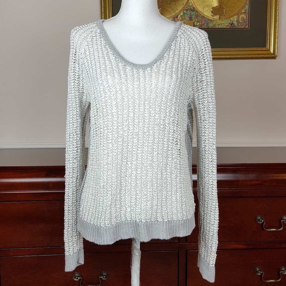 Lou & Grey Open Weave White and Gray Sweater